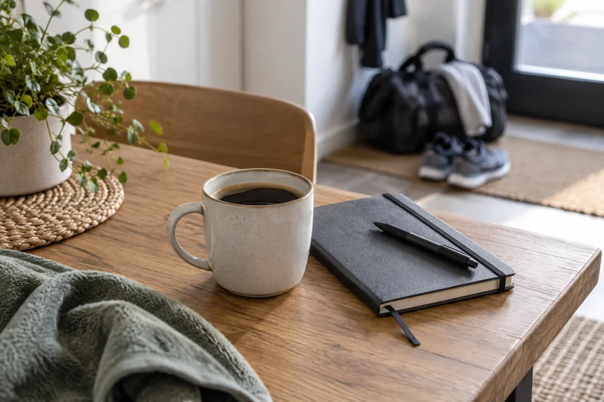 En kopp kaffe och en stängd anteckningsbok på ett bord, med träningsutrustning i bakgrunden.