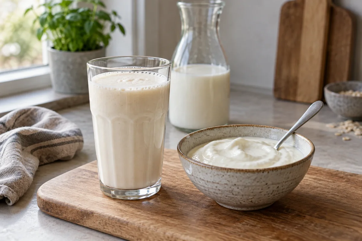 En ljus shake och en skål med tjockare kräm står bredvid en liten mjölkkaraff.