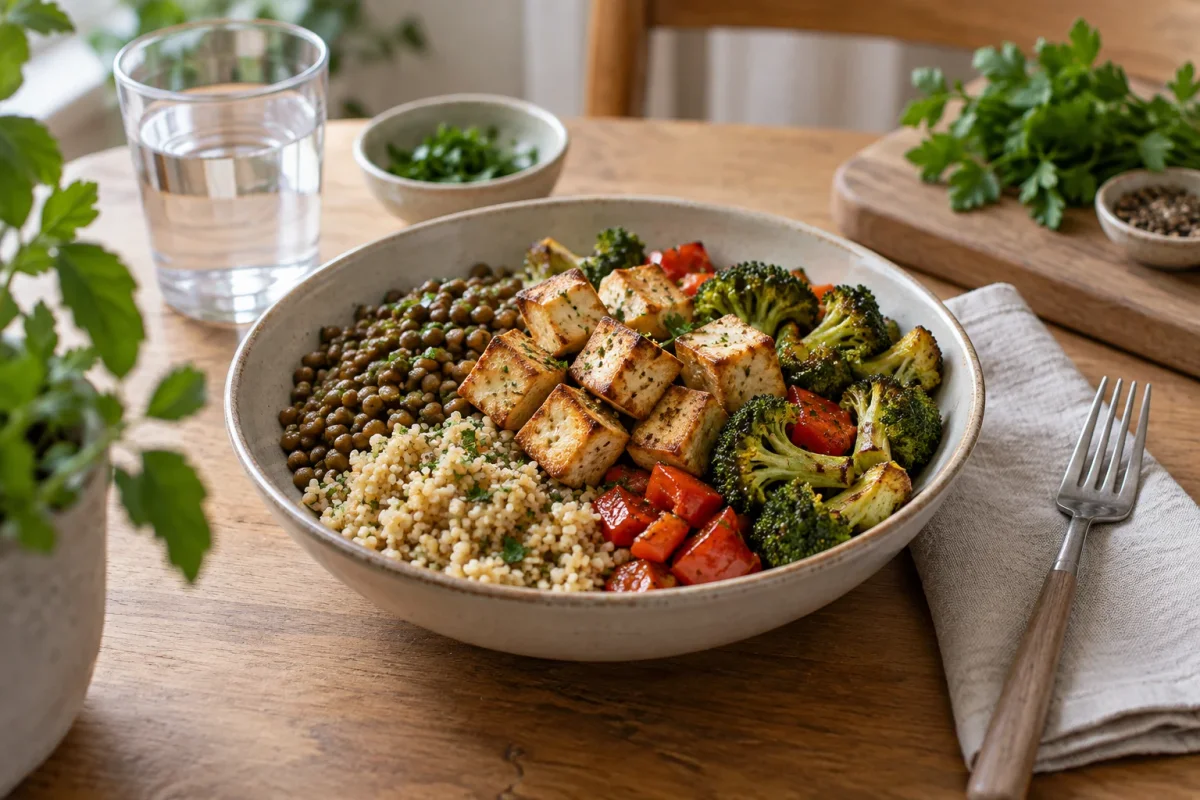 En vegetarisk måltid med tofu, linser, bulgur, broccoli och paprika.