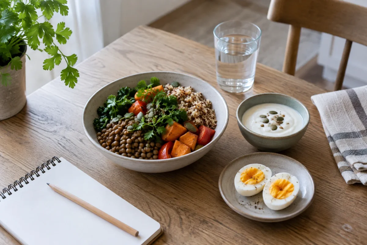En måltid med linser, quinoa och grönsaker, med yoghurt och ägg bredvid en anteckningsbok.